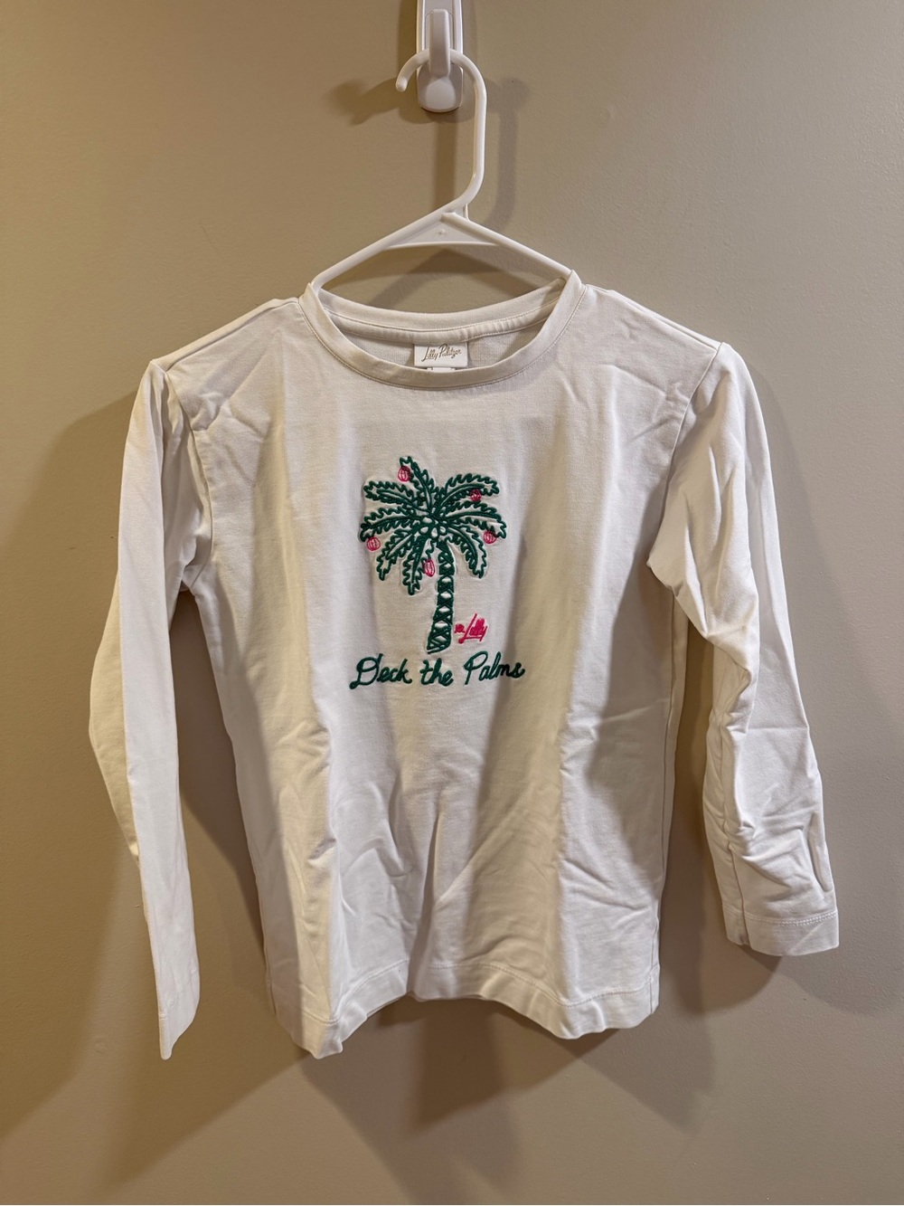 Lilly Pulitzer White Long-Sleeve Palm Embroidered Tee with Pink Accents